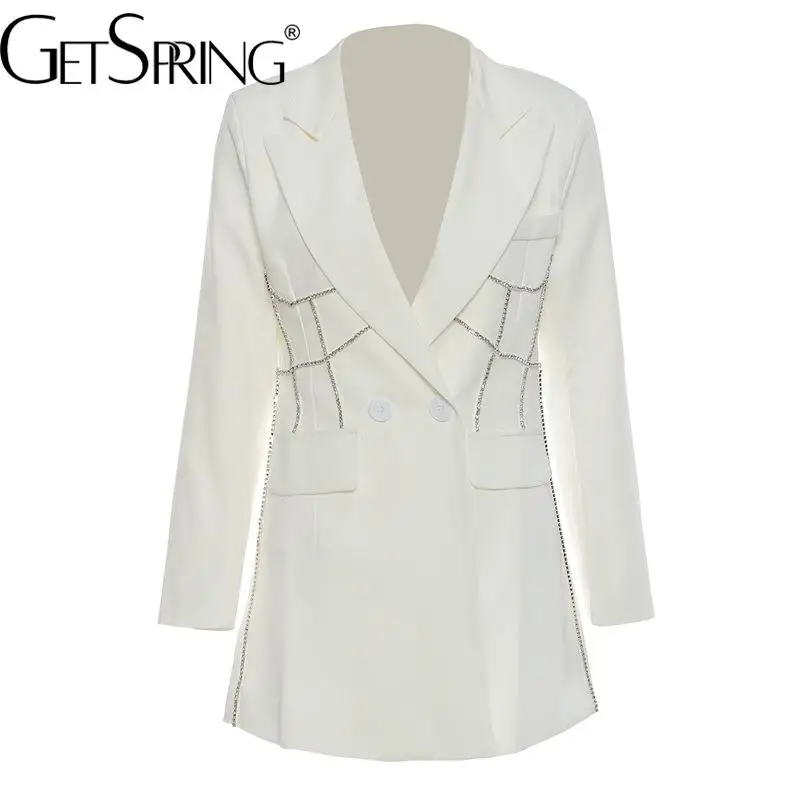 Женский блейзер Getspring с бриллиантами, двубортный, с длинным рукавом, женский Белый Черный пиджак, модный женский длинный пиджак 2022 года