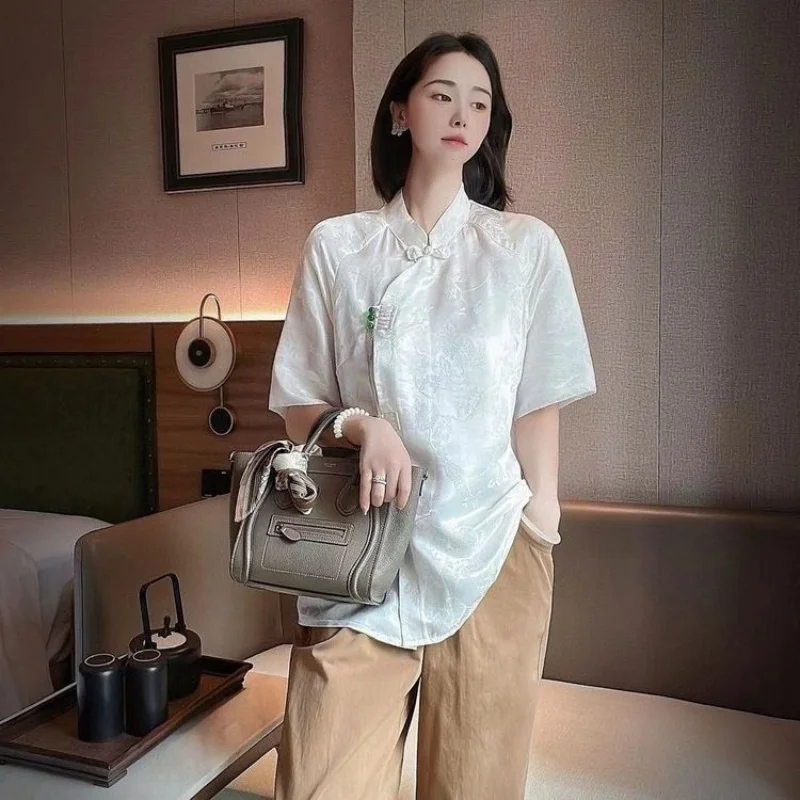 Лоскутная рубашка с принтом в национальном стиле, женская весна и лето 2023, женская новая китайская блузка на пуговицах с короткими рукавами, женские топы