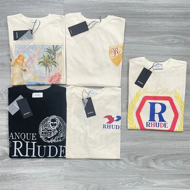 Новая футболка американского маленького популярного модного бренда Rhude с летним принтом, свободные мужские и женские футболки в стиле ретро с короткими рукавами