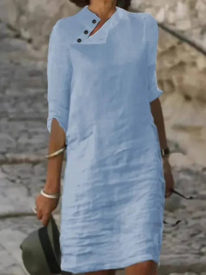 Свободные женские платья с коротким рукавом 2023, хлопчатобумажные платья для женщин, повседневное летнее платье на однотонных пуговицах