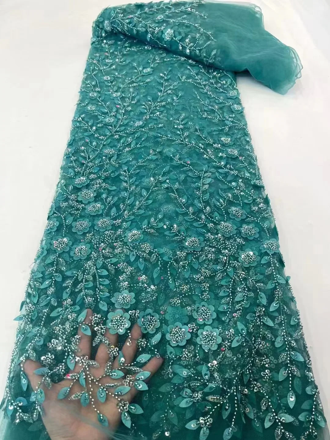 Синяя роскошная 3D кружевная ткань 5 ярдов Дубайского тюля ручной работы, расшитого бисером, кружевная ткань с вышитой аппликацией, Африканская Нигерийская ткань для шитья.