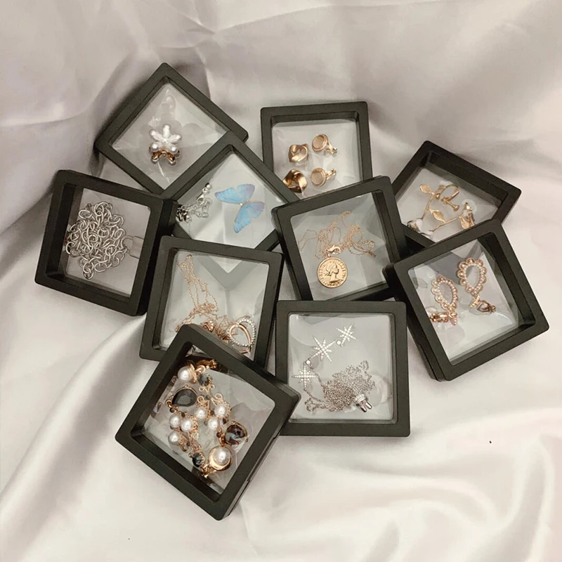 10 шт./лот, прозрачная коробка для ювелирных изделий, футляр, кольцо, ожерелье, браслет, организованная коллекция для хранения в 3D плавающей квадратной рамке
