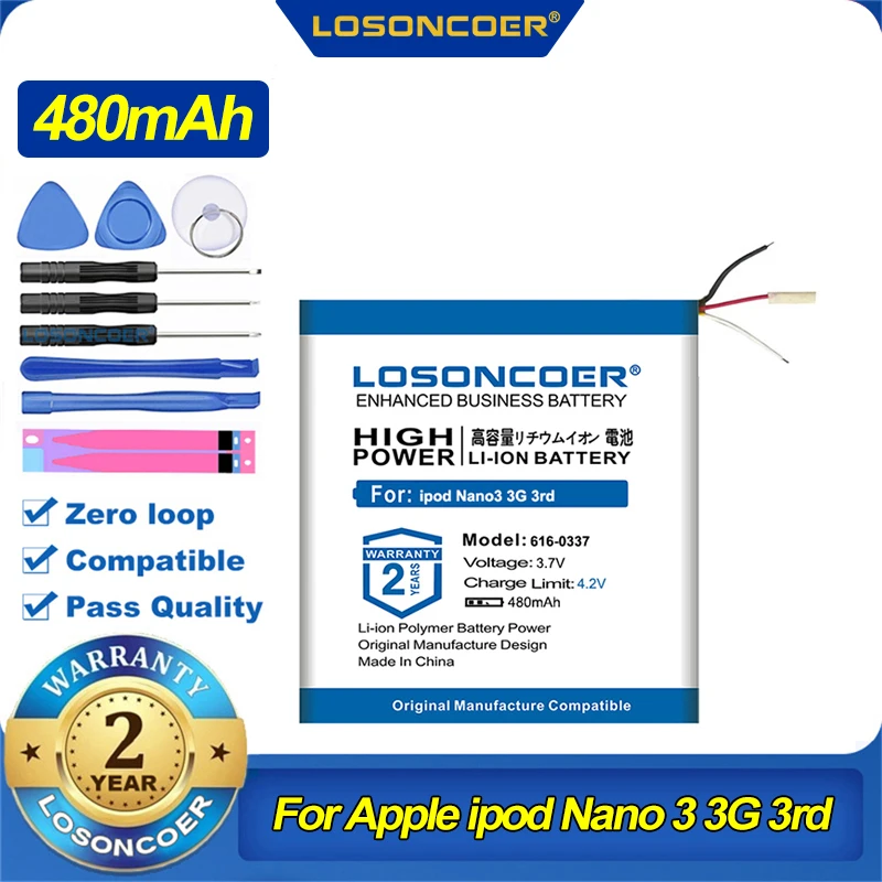 100% Оригинальный Аккумулятор LOSONCOER 616-0337 480 мАч Для Apple ipod Nano 3 3G 3rd 3Gen Поколения 3TH MP3 A1236 Nano3 Battery