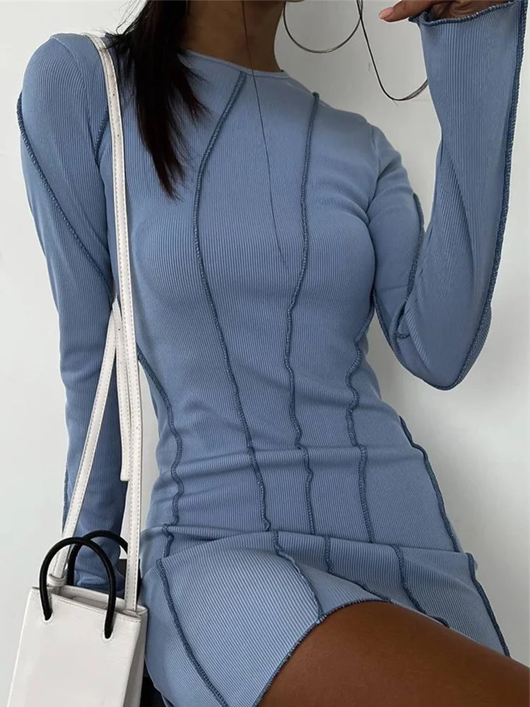 2023 Весенне-летнее женское платье с расклешенными рукавами в мелкую полоску, облегающая сексуальная короткая юбка с длинным рукавом, Дизайнерские платья Y2K