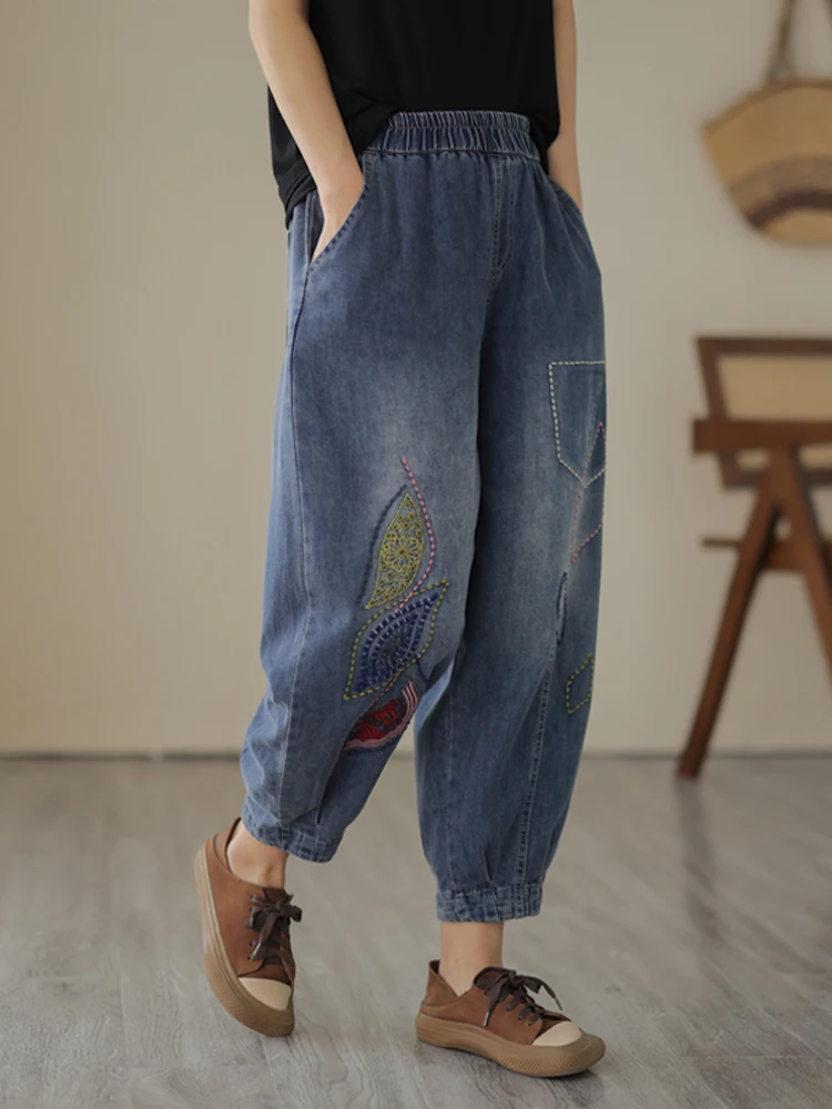 2023 Весна-лето, винтажные лоскутные женские джинсы, свободные, большие размеры, эластичные джинсовые длинные брюки с вышивкой и высокой талией, шаровары