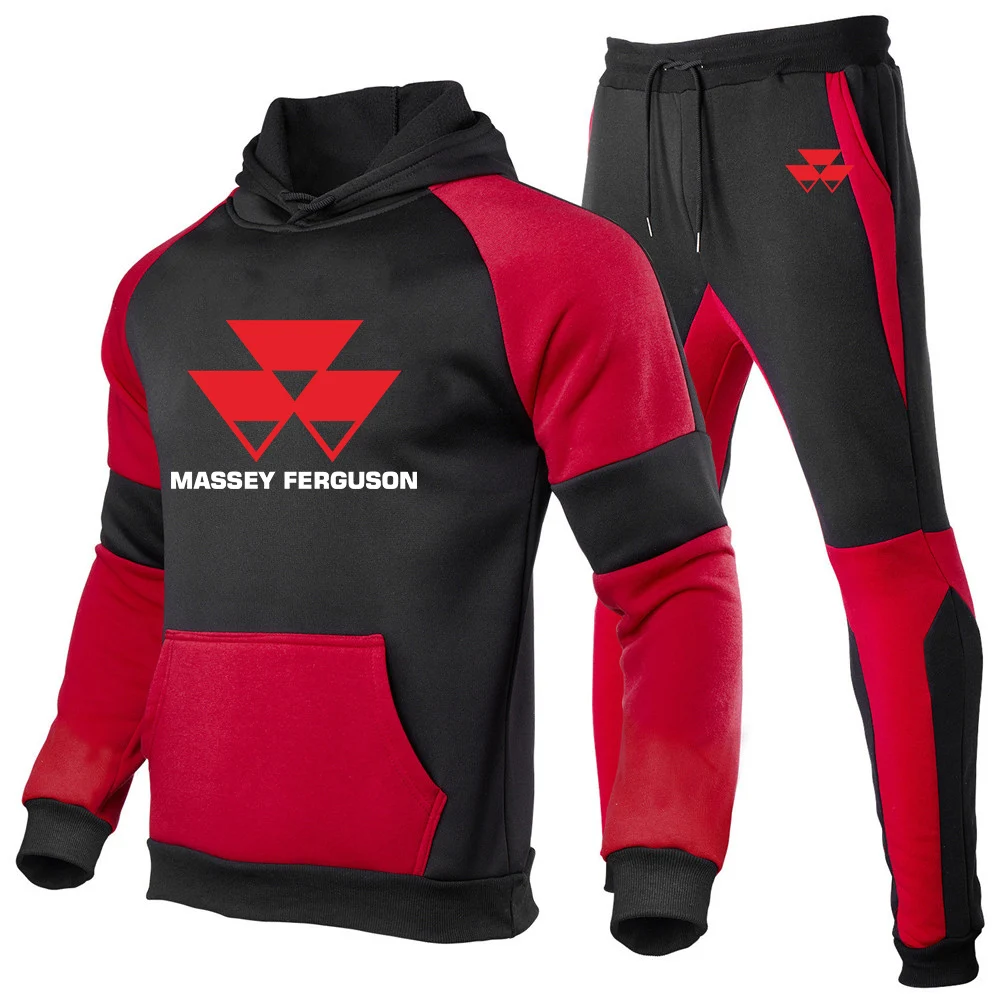 2023 Весна-осень, Хлопковый дизайнерский комплект в стиле пэчворк с логотипом Massey Ferguson, мужская новая толстовка с капюшоном на заказ + спортивные брюки, костюм