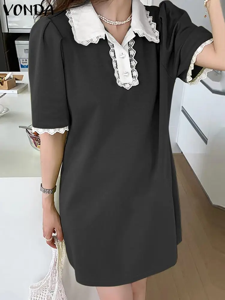 2023, Женское летнее мини-платье VONDA, Модная кружевная рубашка в стиле пэчворк с коротким рукавом, сарафан, Повседневный Свободный Однотонный Элегантный халат с оборками.