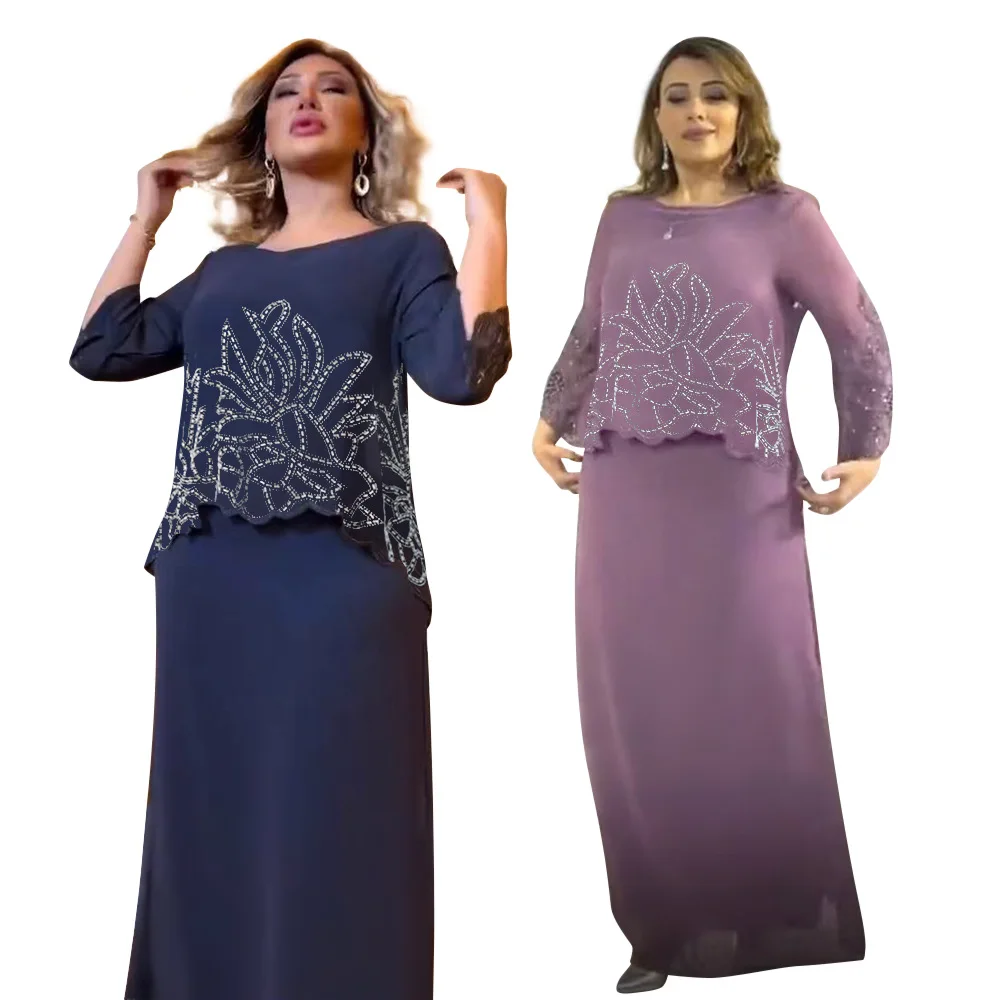 2023 Летнее модное длинное платье из полиэстера фиолетового цвета с длинными рукавами и круглым вырезом в африканском стиле для женщин, платье Абайя