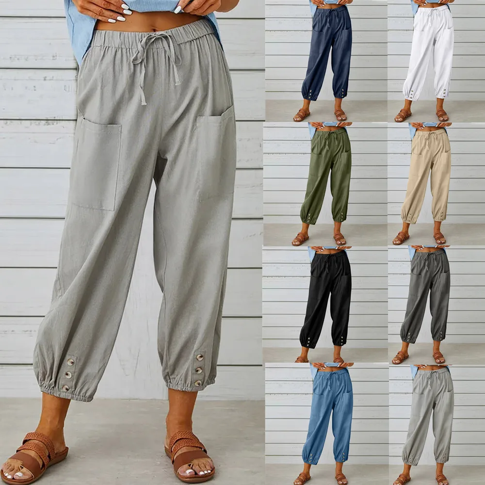 2023 новые свободные хлопковые льняные брюки с высокой талией и пуговицами, укороченные брюки, широкие женские брюки