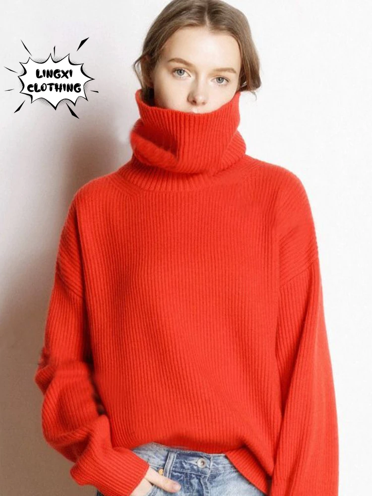 2023 Осень/ Зима, Новый модный кашемировый свитер, женский утолщенный свободный свитер с высоким воротом, теплый и элегантный пуловер снизу