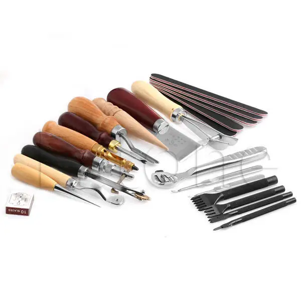 20шт Набор инструментов для кожевенного ремесла с деревянной ручкой, Кожаный инструмент для ручного шитья, перфоратор, набор 