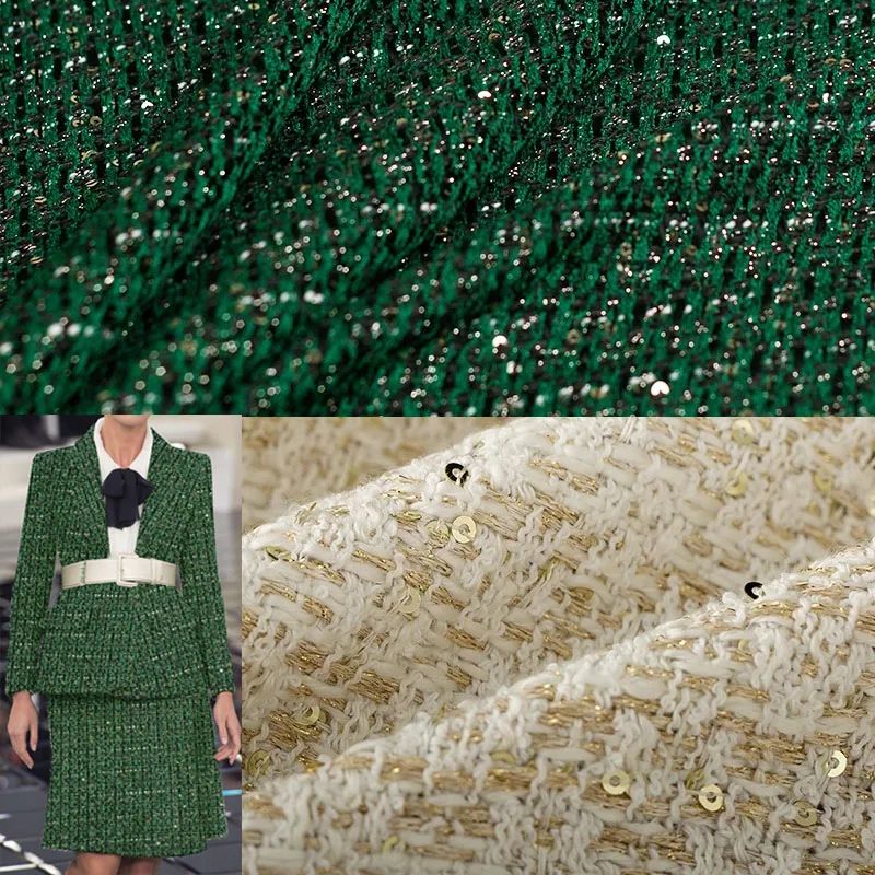 50x145 см, Франция, Зеленые блестки, Твидовые Ткани Для женщин, Осенняя куртка, платье, костюмы, Материалы для одежды, Ткань для шитья своими руками