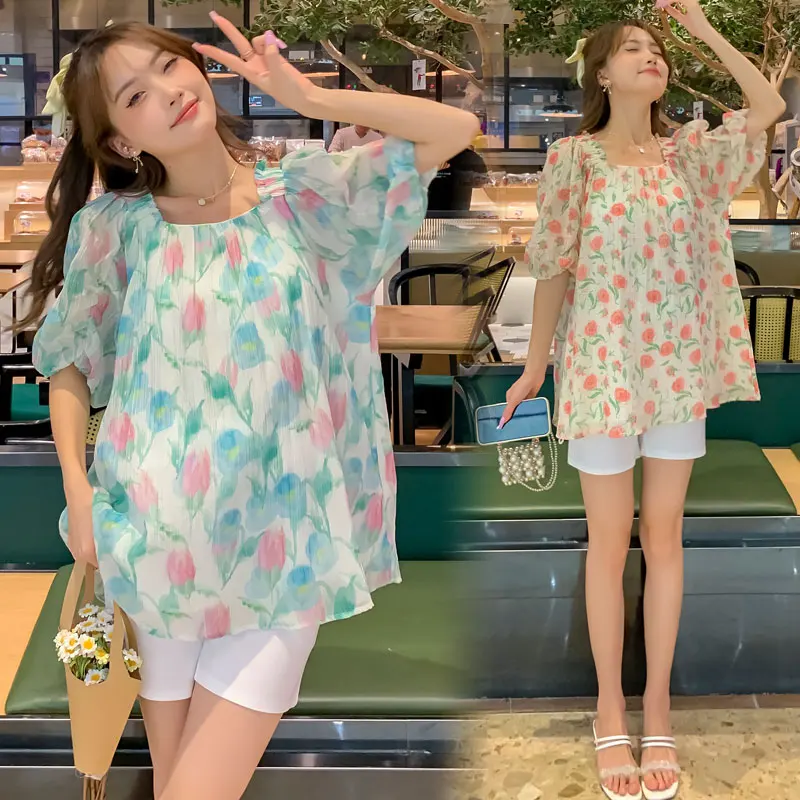 7118 # 2023 Летние Корейские модные Хлопковые блузки для беременных с цветочным принтом, Милая Свободная рубашка-туника, Одежда для беременных, топы