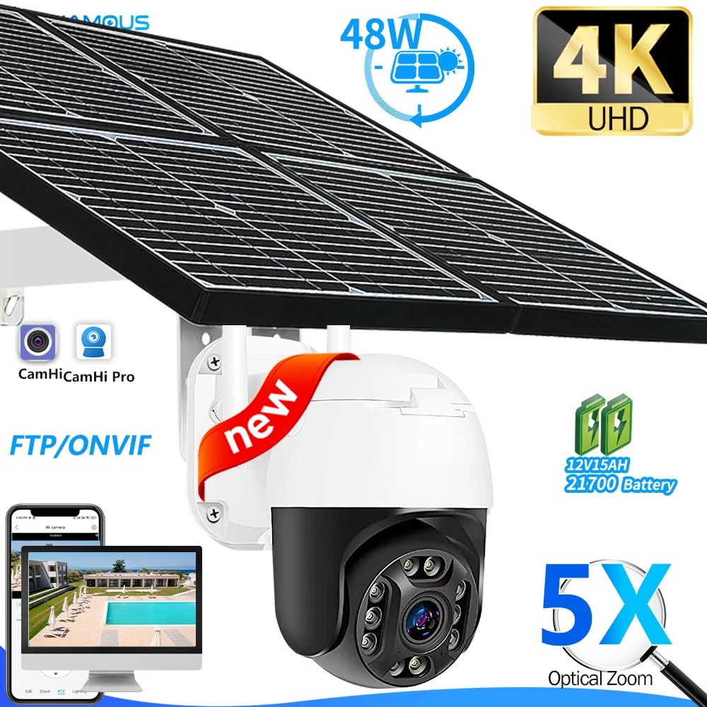 8-Мегапиксельная Солнечная камера 4G Sim Беспроводная наружная камера безопасности с 5-кратным оптическим зумом Mini WiFi 5-Мегапиксельное видеонаблюдение PTZ FTP Onvf CamHi