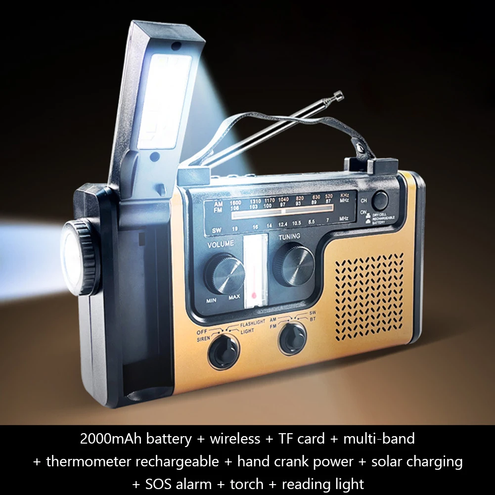 AM FM SW Аварийный блок питания, светодиодный фонарик, Bluetooth-совместимое аварийное радио, рукоятка, Солнечная USB-зарядка с термометром