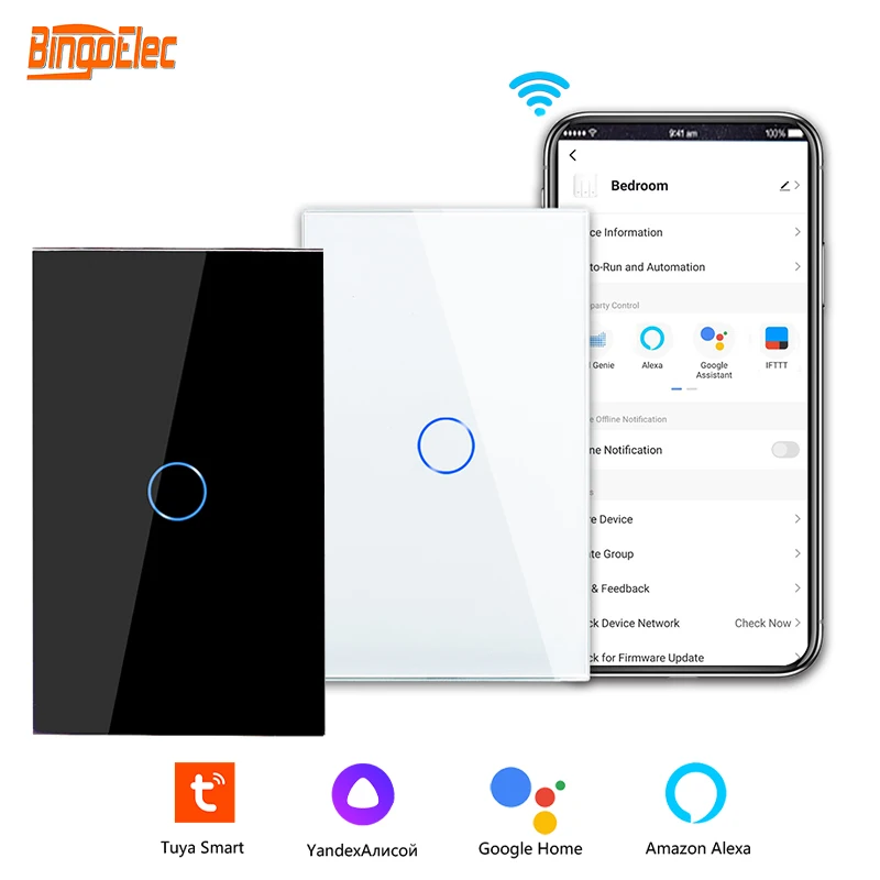 Bingoelec Tuya Smart WiFi Настенный Выключатель 1way 1/2/3gang Беспроводной Сенсорный Датчик стандарта США Светодиодные Выключатели Alexa Google Home