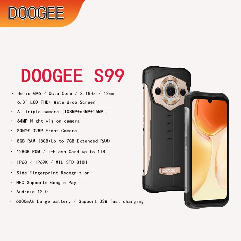 DOOGEE S99 Прочный Телефон 64-Мегапиксельного Ночного Видения 8 ГБ оперативной памяти + 7 ГБ Расширенной оперативной памяти + 128 ГБ ПЗУ 108-Мегапиксельная Основная Камера Ai Телефона