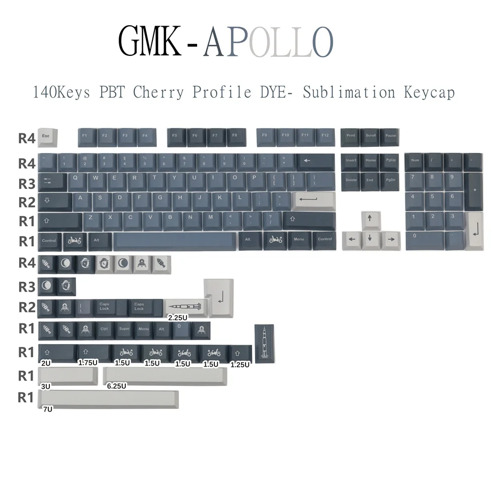 GMK Apollo PBT Keycap 140 клавиш, Сублимационный краситель с вишневым профилем, Персонализированный ввод ISO для механической клавиатуры с перекрестным переключением