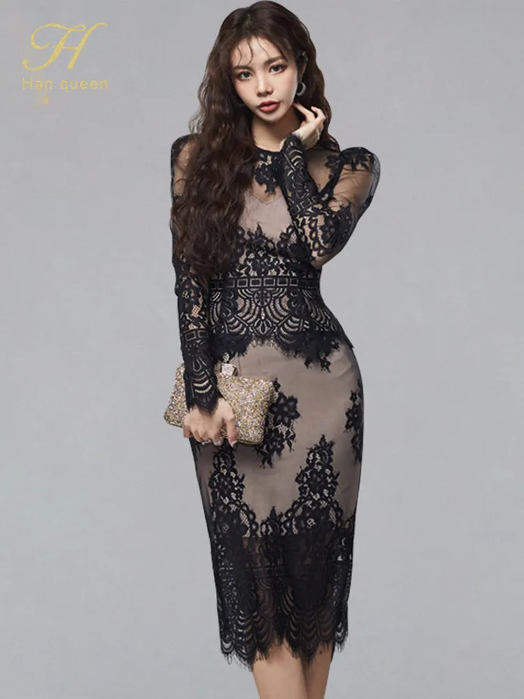 H Han Queen, женское сексуальное черное кружевное полое Модное Деловое платье-футляр, 2 предмета, Vestidos, Элегантное Винтажное платье-футляр