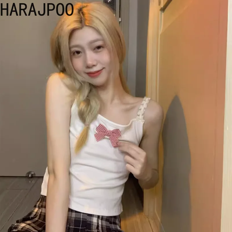 Harajpoo, топы с японским бантом и маленьким ремешком, Летние женские футболки Harajuku Spicy Girl, Короткая облегающая простая футболка без рукавов
