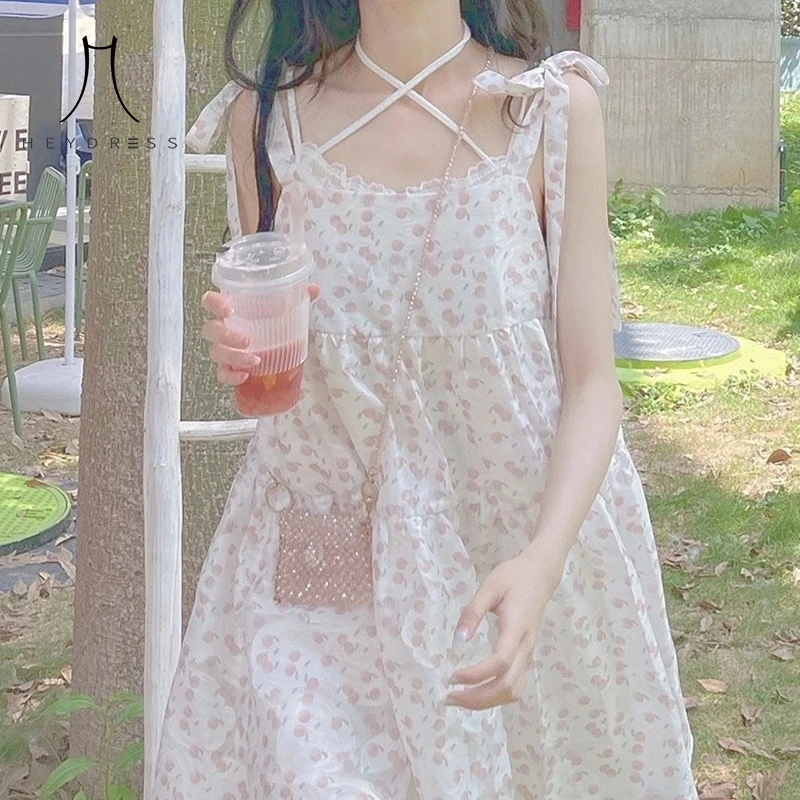 Heydress, кружевной повседневный сарафан без рукавов, женские платья с цветочным рисунком на бретелях, лето 2021, Корейский модный принт, Милое платье