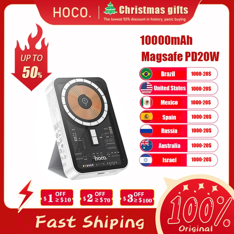 HOCO 10000 мАч Прозрачный Беспроводной Банк Питания для iPhone14 promax Портативный Внешний Аккумулятор PD20W Быстрая Зарядка для Xiaomi