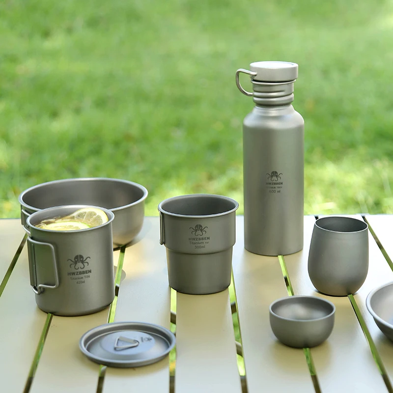 HWZBBEN Титановая чашка для кемпинга на открытом воздухе Портативная посуда для путешествий Складная Легкая Кружка для воды и кофе с крышкой Принадлежности для пикника