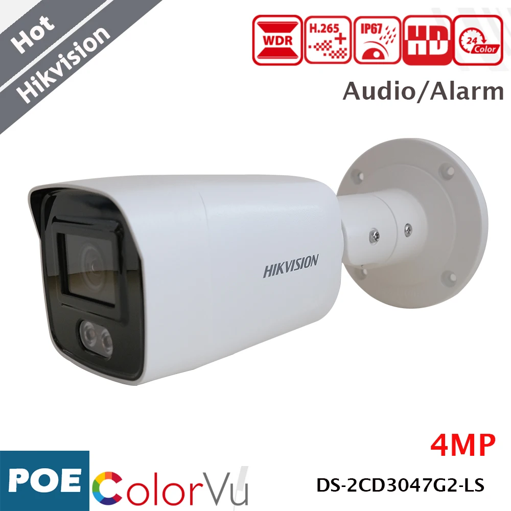 IP-камера Hikvision 4MP Красочная Мини-камера Bullet Audio Alarm Interface 130dB True WDR Теплые Белые светодиоды IR 40m DS-2CD3047G2-LS