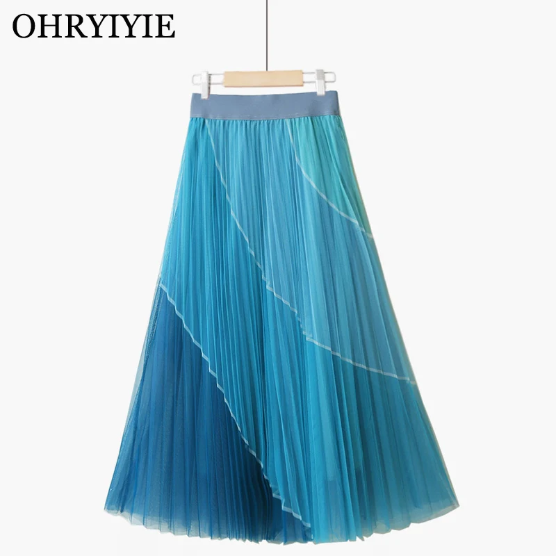 OHRYIYIE, Сине-бежевая Тюлевая юбка в стиле пэчворк, Женская 2023, Новая Модная Элегантная Плиссированная юбка с высокой талией, женская праздничная Сетчатая юбка