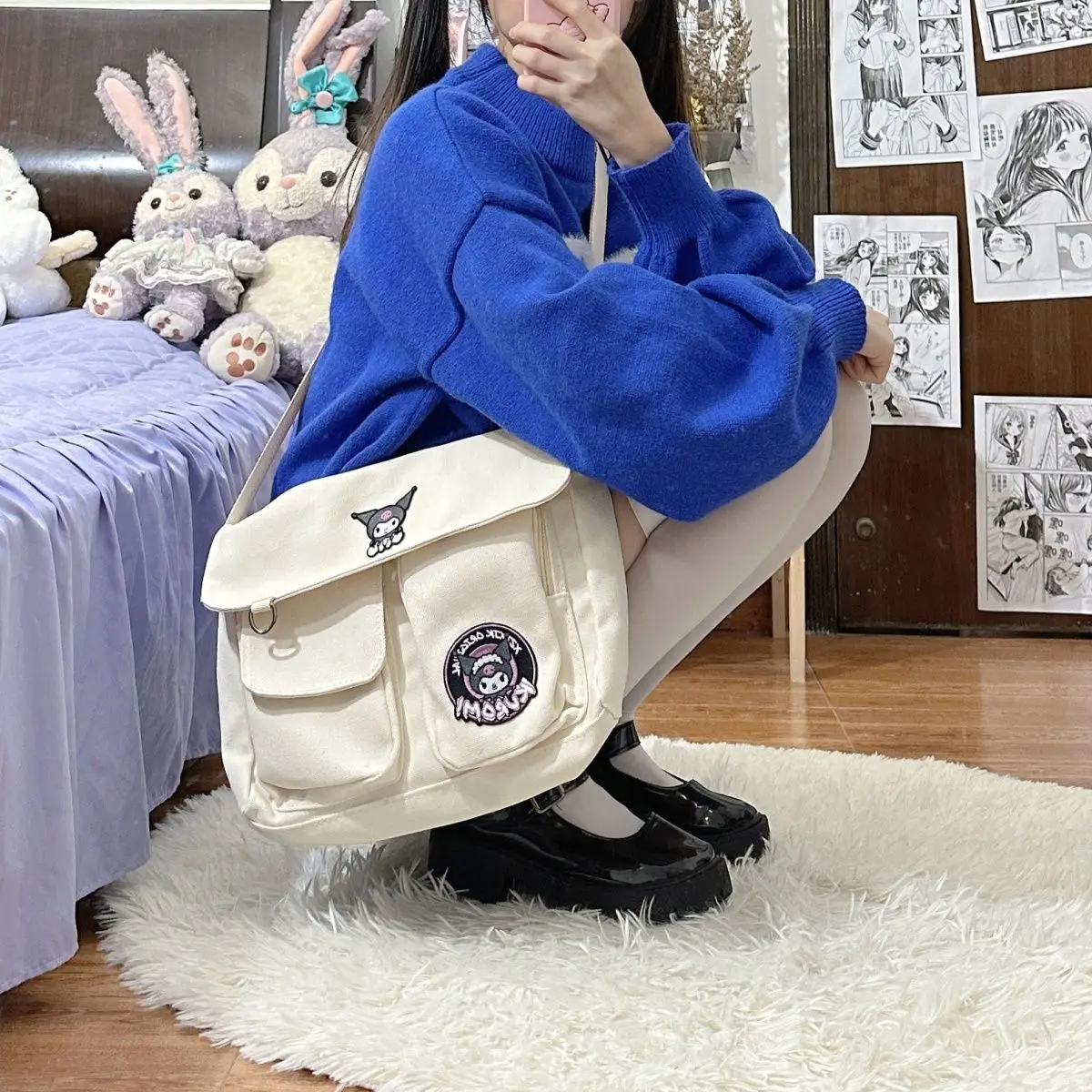 Sanrio kuromi японская сумка-мессенджер в стиле харадзюку для милой девушки, сумка через плечо, студенческая холщовая сумка-мессенджер, женская сумка через плечо
