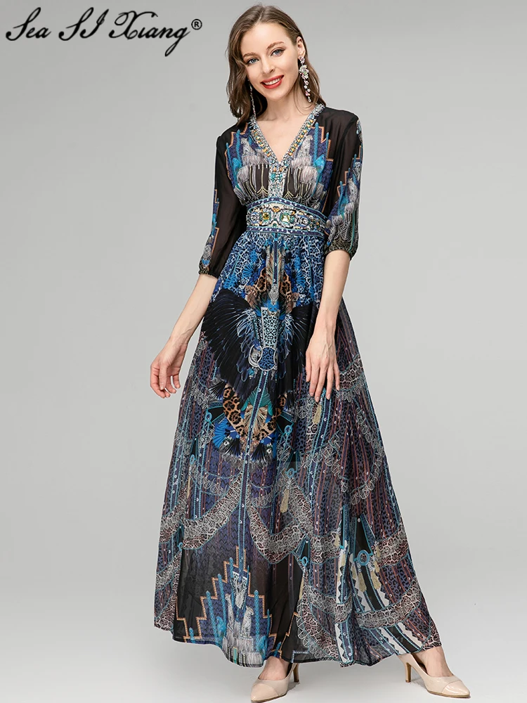Seasixiang, модное дизайнерское весенне-летнее женское платье макси с V-образным вырезом и рукавом-фонариком, платья в пол с винтажным принтом