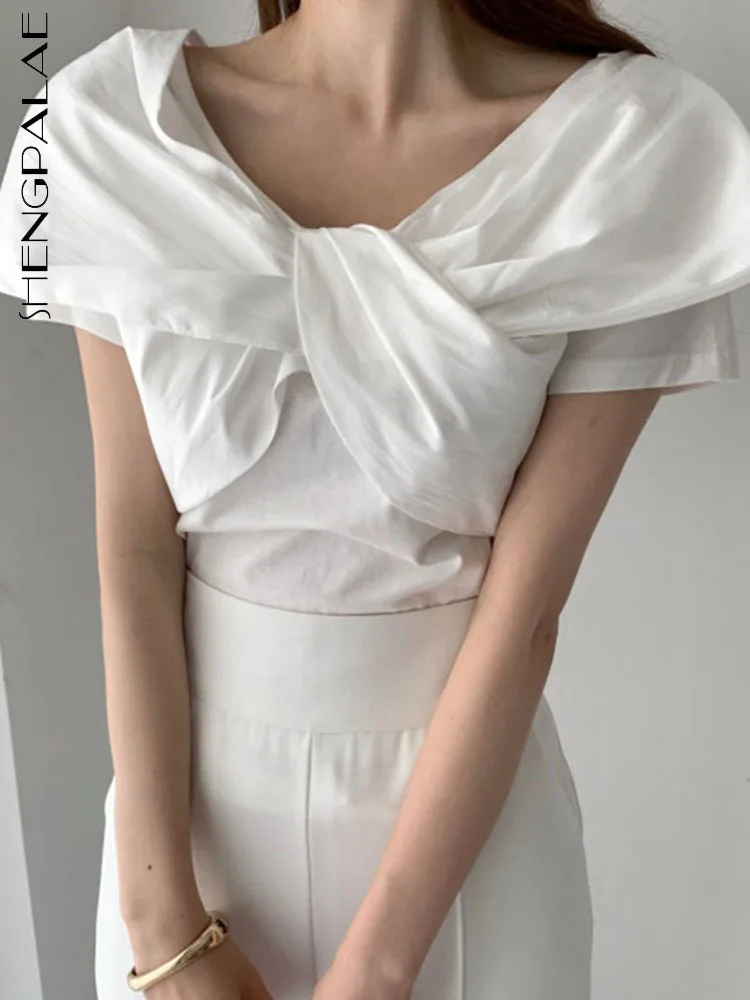SHENGPALAE Женская футболка Свободная Шикарная Элегантная С V-образным вырезом И Коротким рукавом, Однотонные Белые Топы 2023, Новая летняя мода Tide 5AE1307