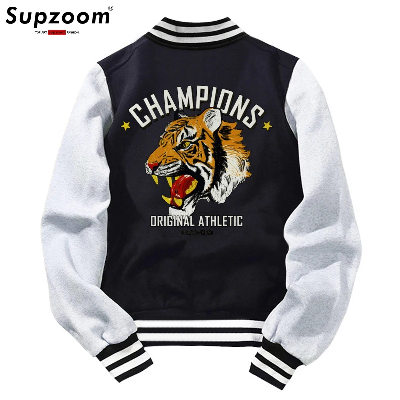 Supzoom Новое поступление, Хлопковый топ с ребристыми рукавами, Модный логотип Tiger, Однобортная повседневная бейсбольная куртка-бомбер, Свободный кардиган, пальто