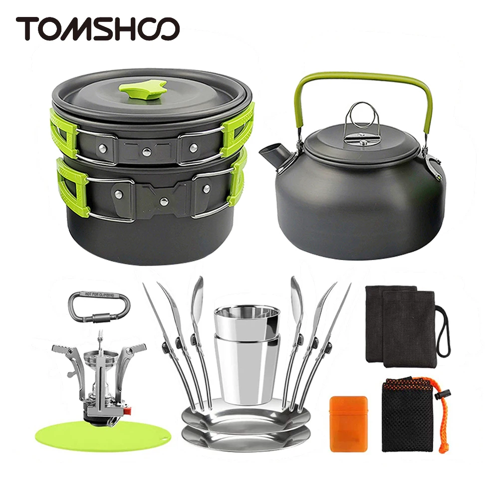 Tomshoo Набор посуды для кемпинга на открытом воздухе, Кастрюля, чайник, Набор для приготовления пищи, посуда с плитой, Ложка, Вилка, резак для кемпинга, альпинизма