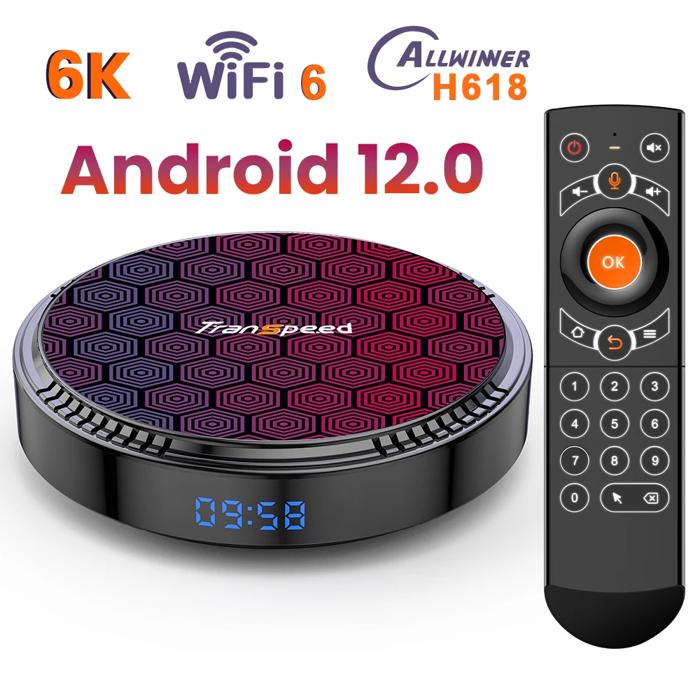 Transpeed Android 12 TV Box WiFi6 BT5.0 H618 Поддержка 6K 4K Четырехъядерный Cortex A53 G31 быстрый Daul WiFi 6 Голосовой Ассистент Телеприставка