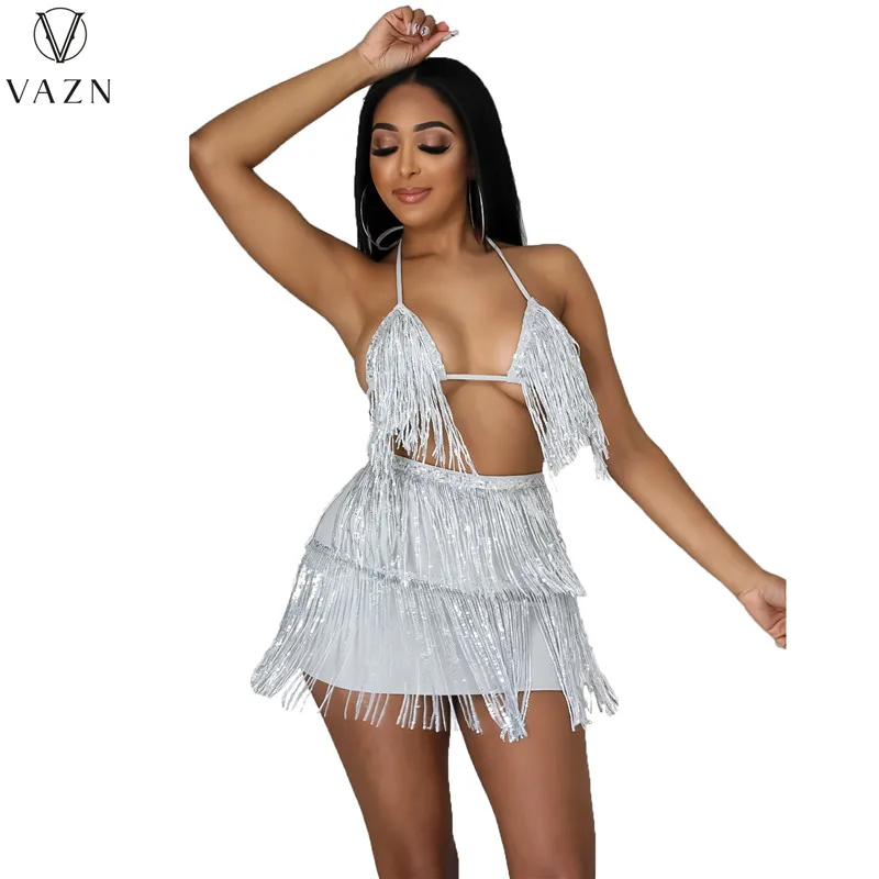 VAZN 2022 Сексуальный женский костюм в стиле клубной вечеринки в стиле клуба, топ без рукавов, эластичная мини-короткая юбка, однотонный комплект из двух предметов с кисточками