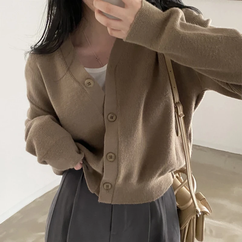ZCSMLL Простой однобортный кардиган с V-образным вырезом и длинными рукавами, женский Корейский осенний винтажный топ