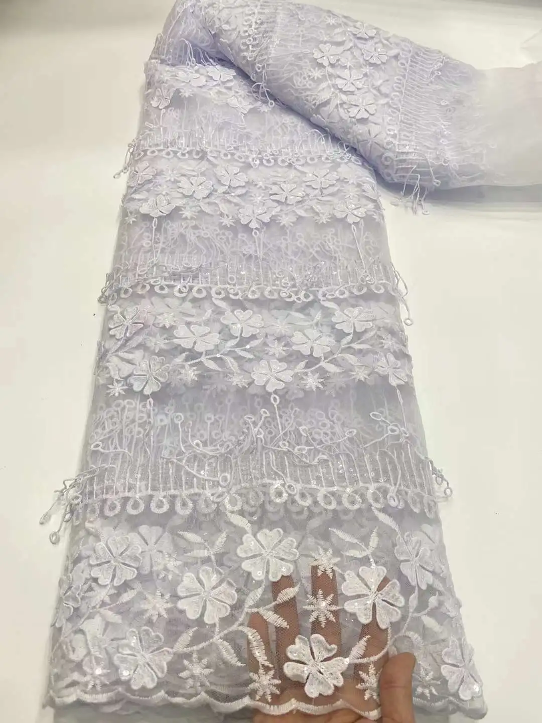 Африканская Белая Кружевная ткань из органзы с 3D блестками, высококачественное кружево, Французский тюль, Кружевная ткань, Нигерийские кружевные ткани для свадьбы
