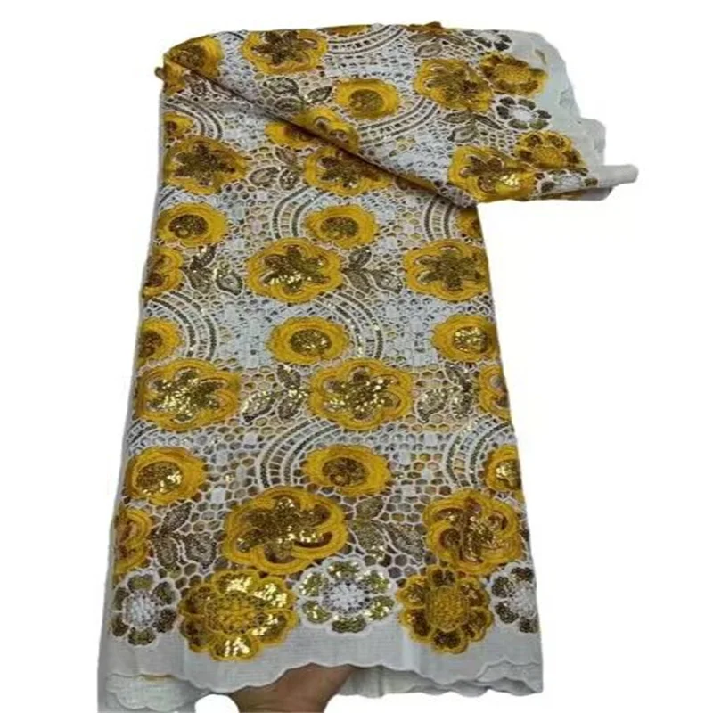 Африканская шнуровая кружевная ткань 2023 Желтое Высококачественное кружево Нигерийская кружевная ткань с блестками Французская Молочная шелковая ткань для свадебного платья