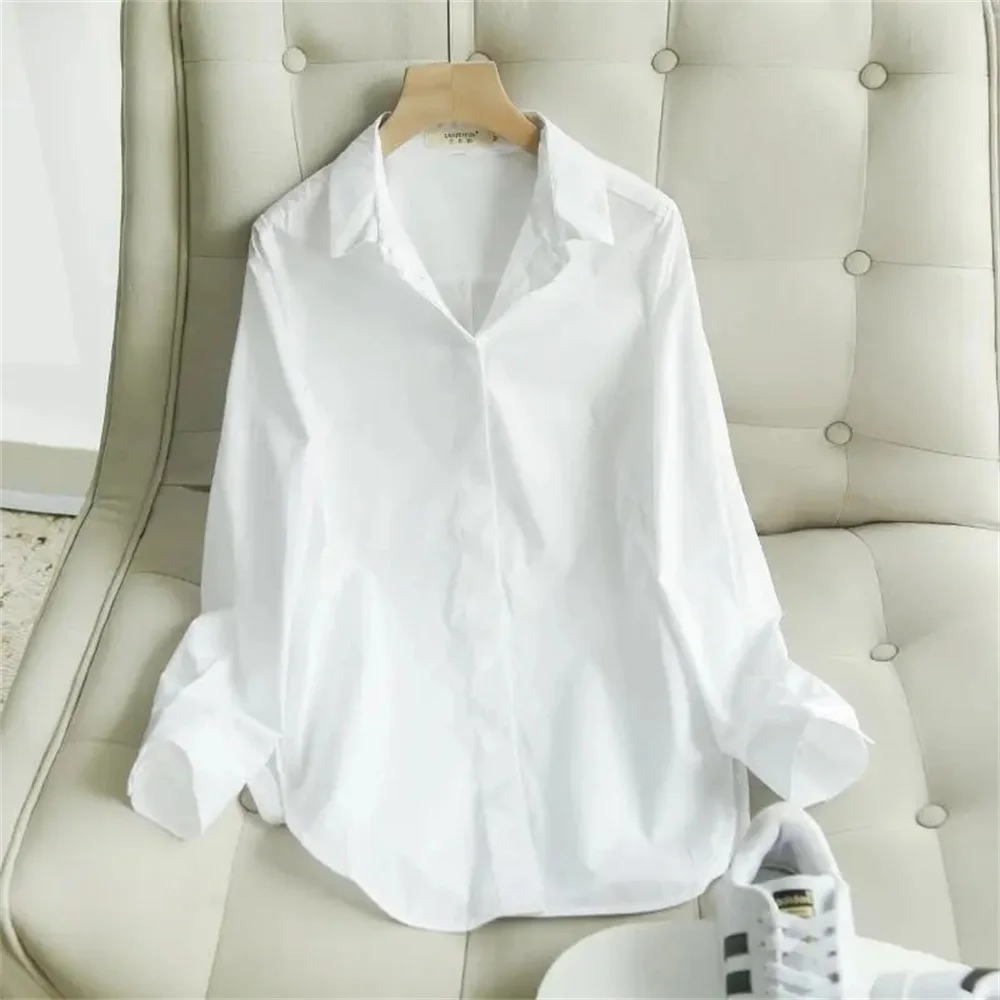 Белая рубашка из эластичного хлопка, женская весенне-осенняя базовая корейская версия, свободная повседневная рубашка, профессиональный топ