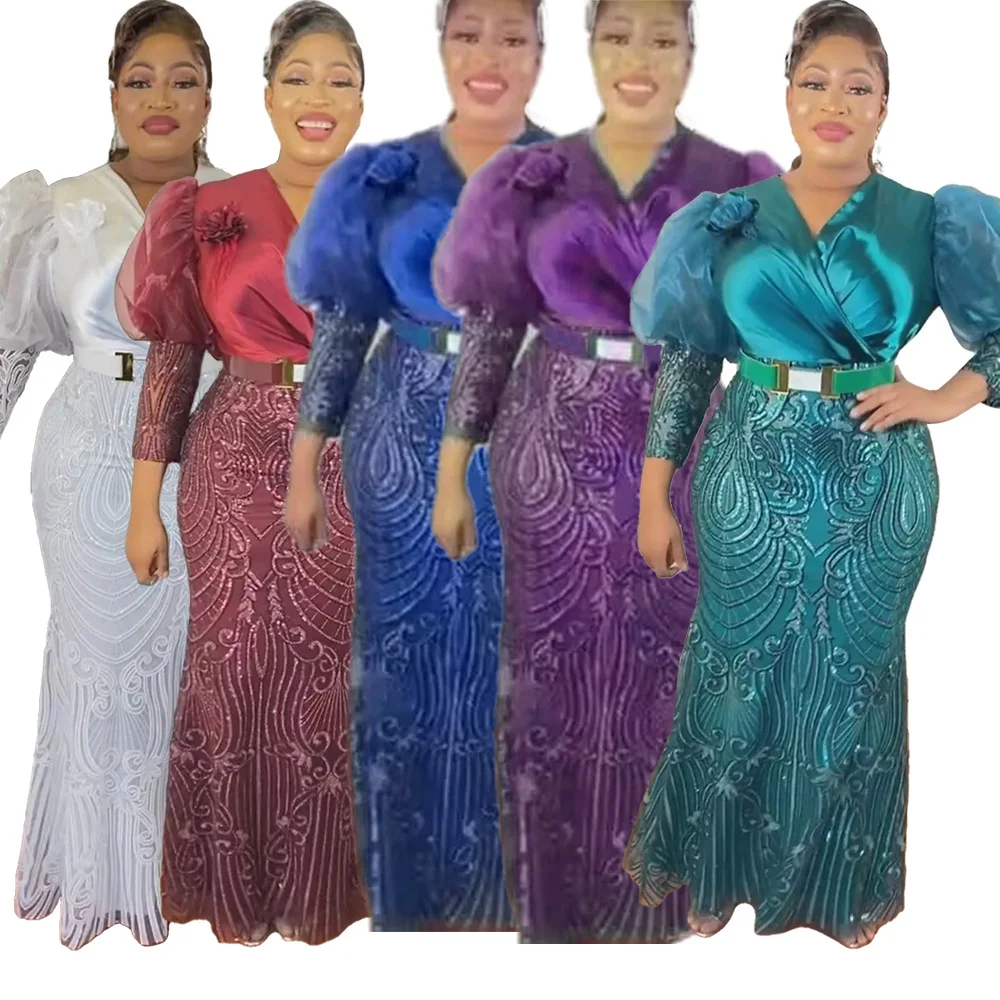 Большие размеры, Африканские однотонные платья макси с поясом для женщин, элегантные вечерние платья с вышивкой для леди, сексуальное облегающее платье для клубной вечеринки