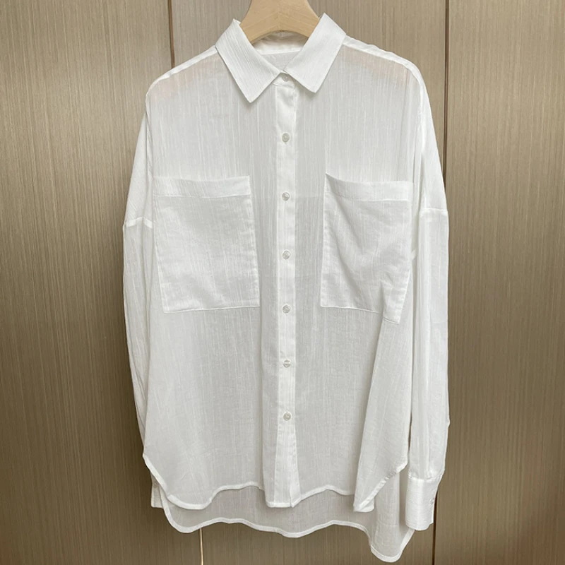 Весенне-летняя новинка 2023 года, женская повседневная рубашка с легким темпераментом из легкого хлопка с длинными рукавами, слегка прозрачная белая рубашка