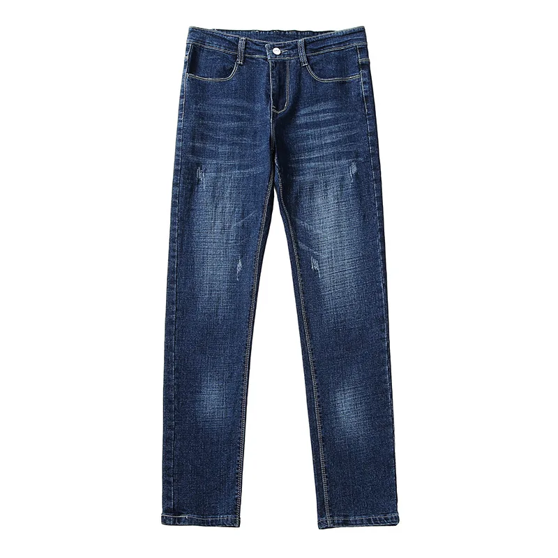 Весна-лето, синие мужские облегающие брюки-карандаш, классические эластичные джинсы с потертостями, повседневный дизайн с заплатками, однотонные джинсовые брюки