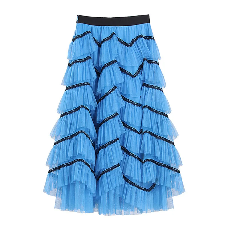 Винтажная пышная юбка, Женский Новый летний кружевной дизайн, Многоуровневая сетчатая юбка в стиле пэчворк, юбка с высокой талией, Синяя длинная юбка