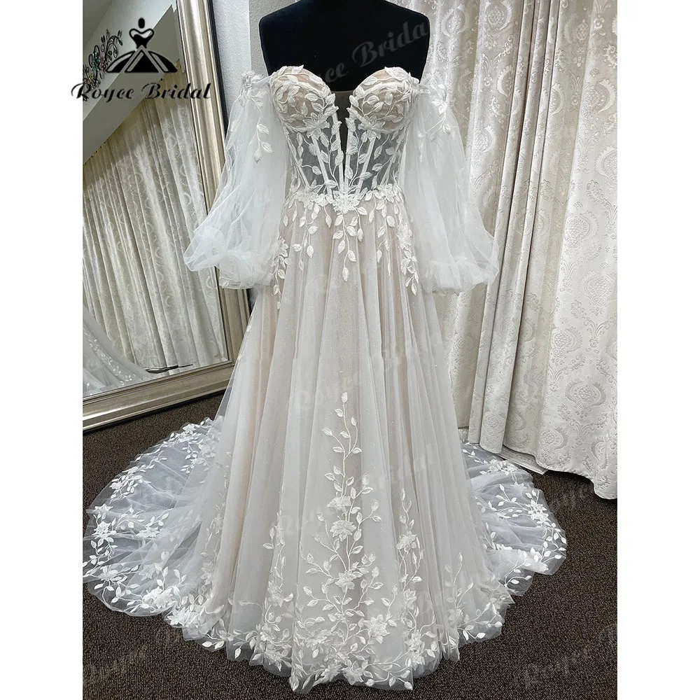 Винтажное кружевное свадебное платье принцессы с глубоким вырезом на плечах и съемным пышным рукавом-корсетом 2023, свадебное платье Vestidos