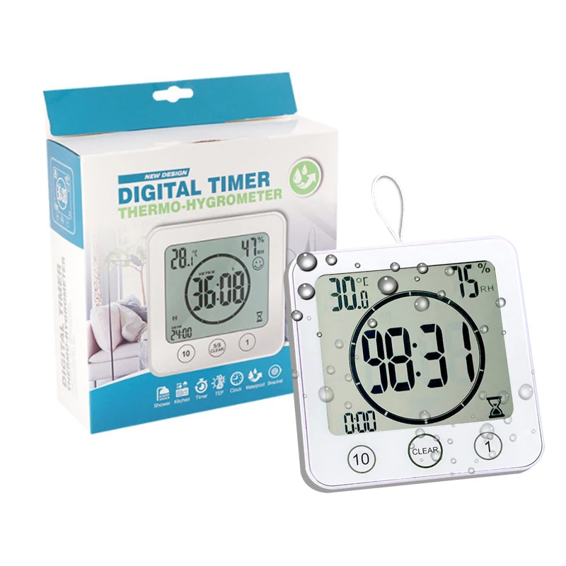 Водонепроницаемые цифровые часы с ЖК-экраном для ванной комнаты, функция обратного отсчета температуры и влажности, Подвесные часы для душа, Таймер