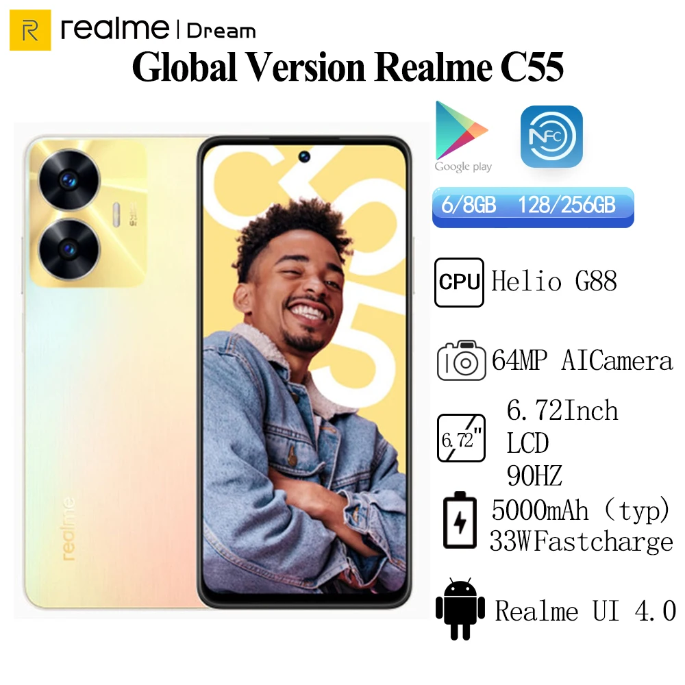 Глобальная версия Realme C55 64-Мегапиксельная AI-камера FHD + 6,72 