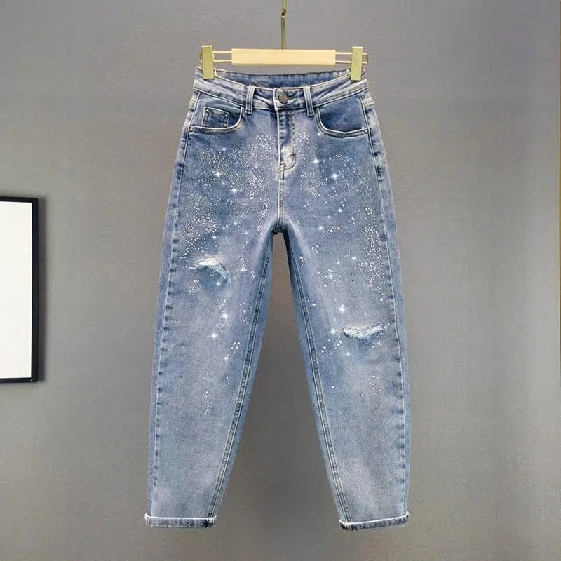 Горячие джинсы с дырочками Tide Весенне-летняя одежда С высокой талией, демонстрирующая Тонкий Модный Темперамент, Свободные джинсовые брюки Harlan, Женская одежда