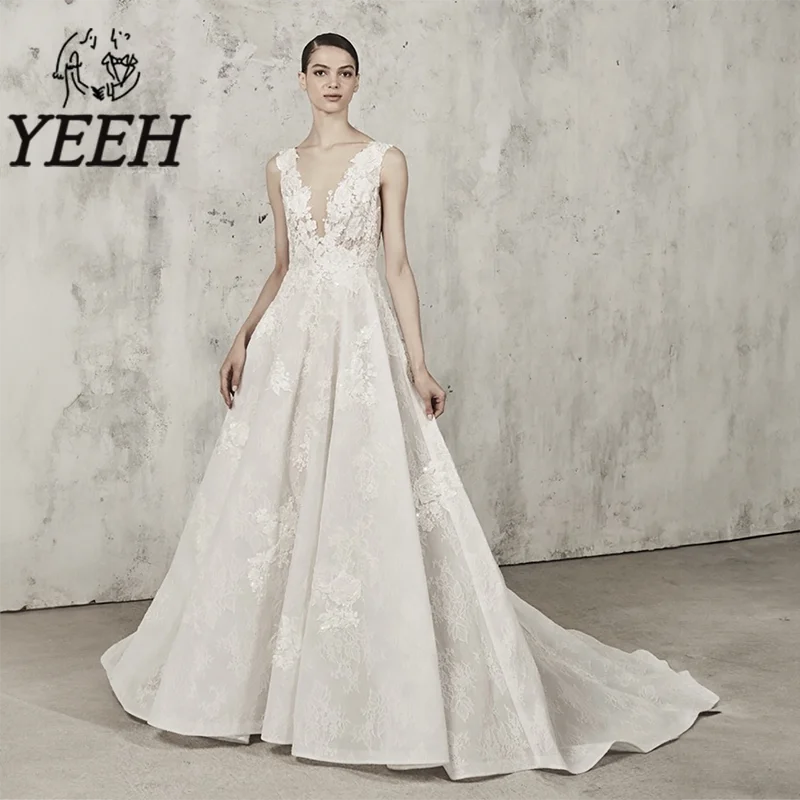 Да, Элегантное свадебное платье Illusion с V-образным вырезом, изысканные кружевные аппликации, свадебное платье трапециевидной формы со шлейфом Vestido De Noiva для невесты
