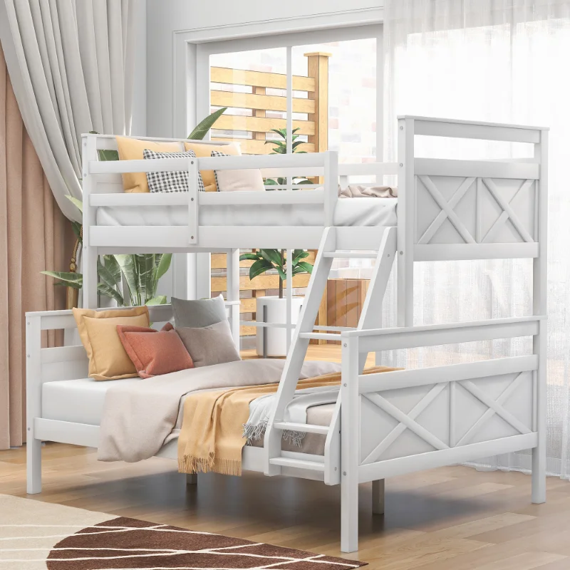 Двуспальная двухъярусная кровать с приставной лестницей\  Защитное ограждение \ Идеально подходит для спальни\  Белая сосна [на складе в США]